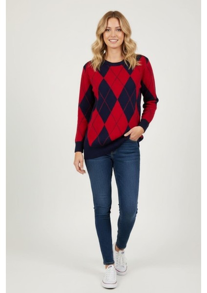 Kadın Baklava Desenli Triko Kazak MKP126 Bordo