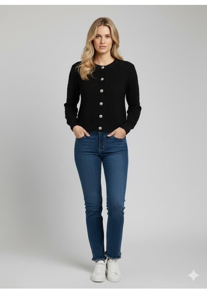 Kadın Düğmeli Yumuşak Triko Hırka M7361K26 Siyah