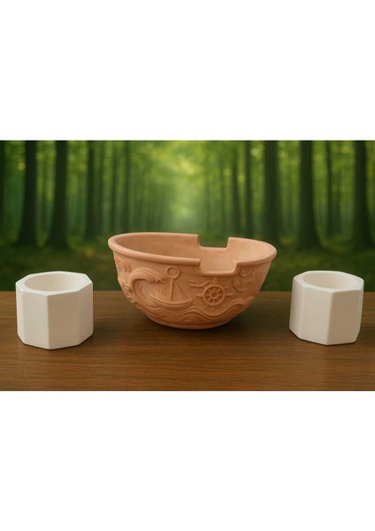 3'lü El Yapımı Sukulent Saksı Seti - Handmade Taş Tozu Gemi Tasarım Kalemlik Mumluk Dekoratif Biblo