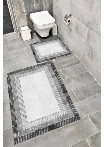 Su Emici Yumuşak Kaymaz Taban Sünger Dolgulu Yıkanabilir Dekoratif Banyo Paspası Takımı 1201GRİ