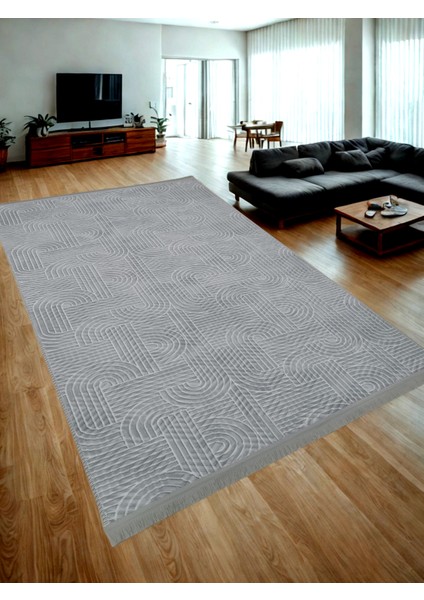 Smart Diamond Gri Saçaklı Kabartmalı Yıkanabilir Kaymaz Taban Kesme Yolluk Halı
