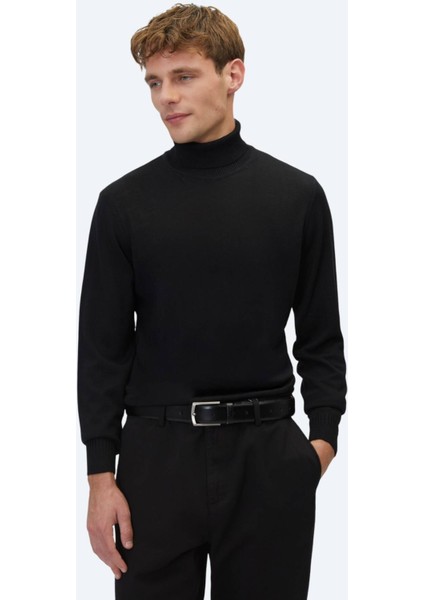 Siyah Tam Balıkçı Yaka Jakarlı Yün Karışımlı Triko Kazak