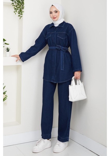 Kadın Düğmeli Kuşaklı Lacivert Ikili Takım