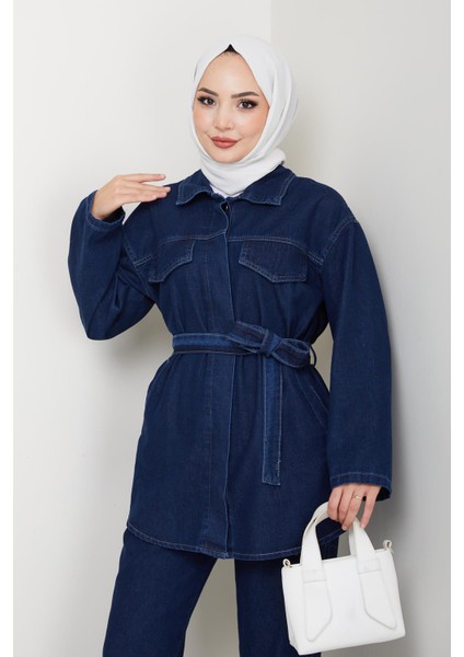 Kadın Düğmeli Kuşaklı Lacivert Ikili Takım fiyatları