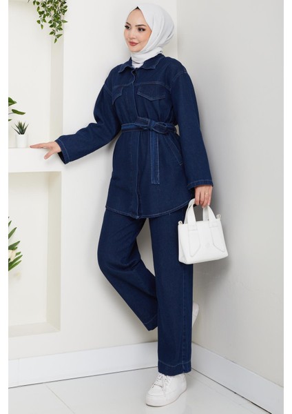 Kadın Düğmeli Kuşaklı Lacivert Ikili Takım modelleri