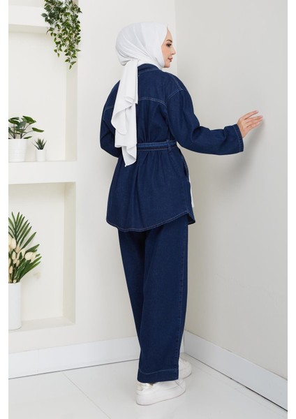 Kadın Düğmeli Kuşaklı Lacivert Ikili Takım