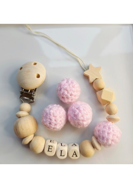 Yıldızlı Pembe Isimli Bebek Emzik Zinciri Askısı
