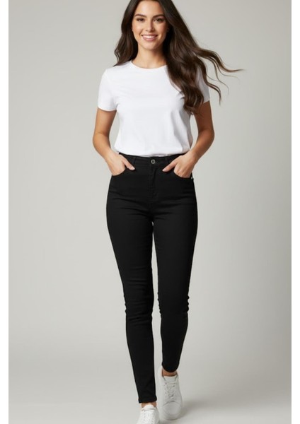 Kadın Siyah Dar Paça Yüksek Bel Pantolon M705 Siyah
