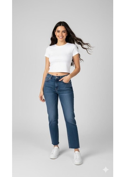 Kesik Paça Yüksek Bel Jean M5254 Kar Yıkama