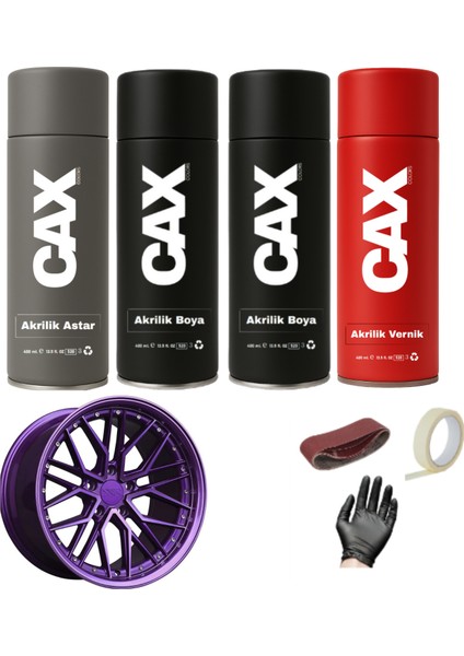 Metalik Mor Araba-Motor Jant Sprey Akrilik Özel Yapım Sprey Boya Seti 400 ml Bant-Zımpara-Eldiven