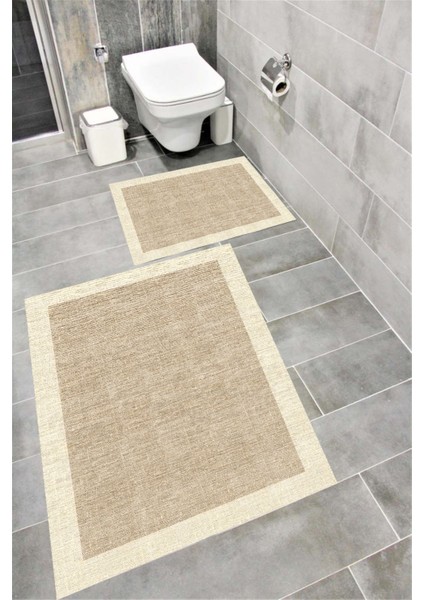 Kaymaz Tabanlı Suya Dayanıklı Dijital Baskılı Banyo Paspası Takımı | Bordo Halı 1607