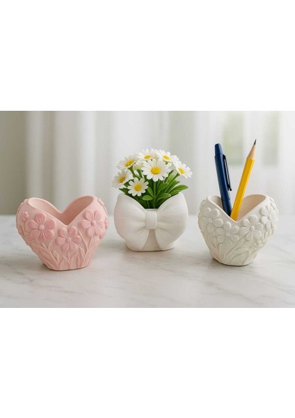 3'lü El Yapımı Kalp Tasarımlı Sukulent Saksı Seti - Handmade Taş Tozu Obje Mumluk Dekoratif Biblo