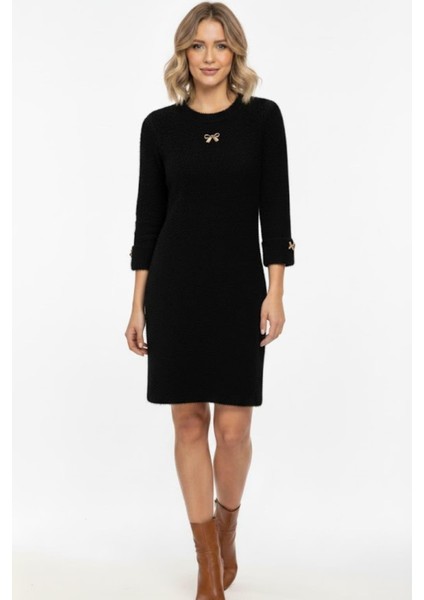 Kadın Fiyonk Detaylı Triko Elbise M7504 Siyah modelleri