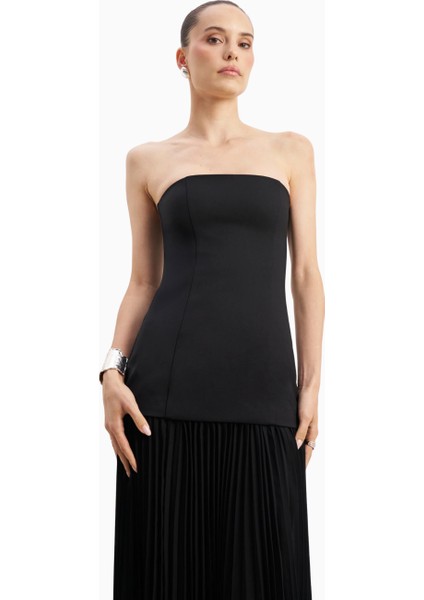 Structured Bodice Gown Pleated Maxi Length Formal Dress Kadın Elbise