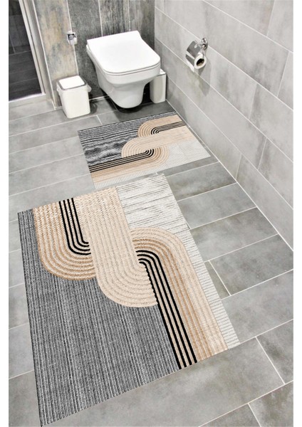 Kaymaz Tabanlı Suya Dayanıklı Dijital Baskılı Banyo Paspası Takımı | Bordo Halı 1510