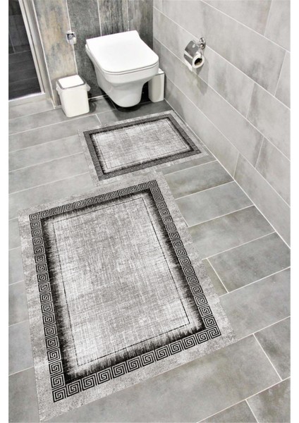 Kaymaz Tabanlı Suya Dayanıklı Dijital Baskılı Banyo Paspası Takımı | Bordo Halı 1665