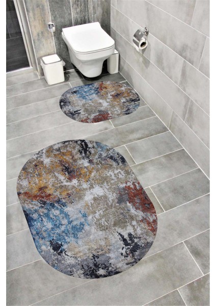 Su Emici Yumuşak Kaymaz Taban Sünger Dolgulu Yıkanabilir Dekoratif Banyo Paspası Takımı 1236 Oval