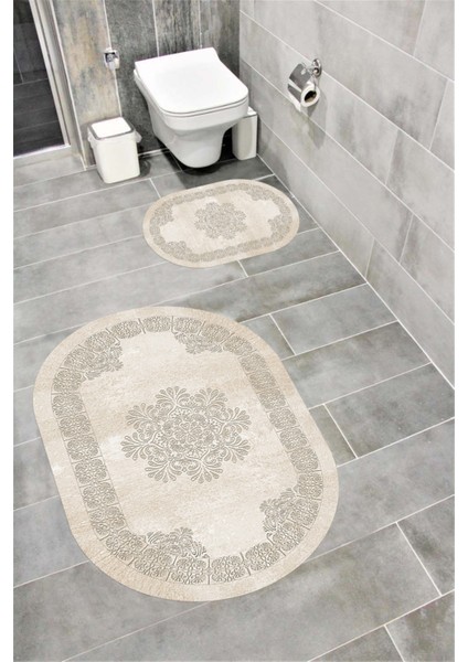 Su Emici Yumuşak Kaymaz Taban Sünger Dolgulu Yıkanabilir Dekoratif Banyo Paspası Takımı 1225 Oval