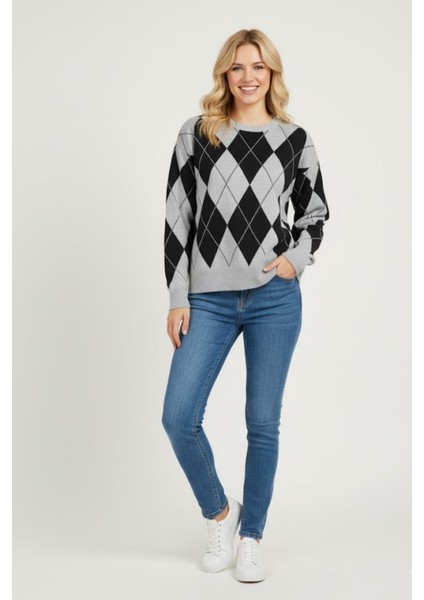 Kadın Baklava Desenli Triko Kazak MKP126 Gri