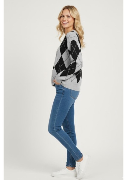 Kadın Baklava Desenli Triko Kazak MKP126 Gri fiyatları