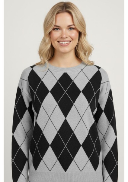 Kadın Baklava Desenli Triko Kazak MKP126 Gri modelleri