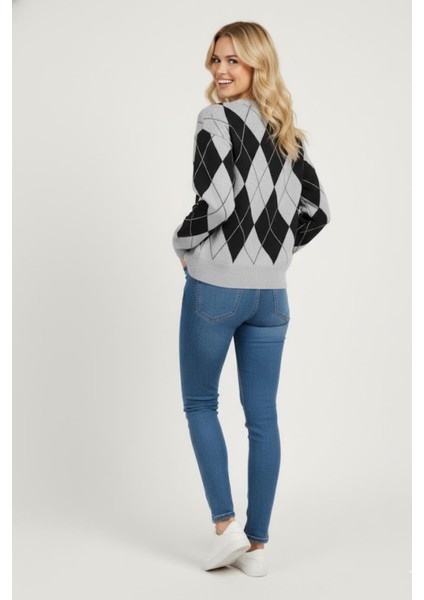 Kadın Baklava Desenli Triko Kazak MKP126 Gri fırsatları