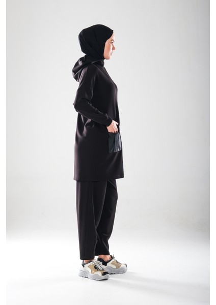 2286_Kadın Kapüşonlu Körüklü Cepli D Tokalı 2'li Takım – Cepli Pensli Harem Pantolonlu Tesettür Spor Takım fırsatları