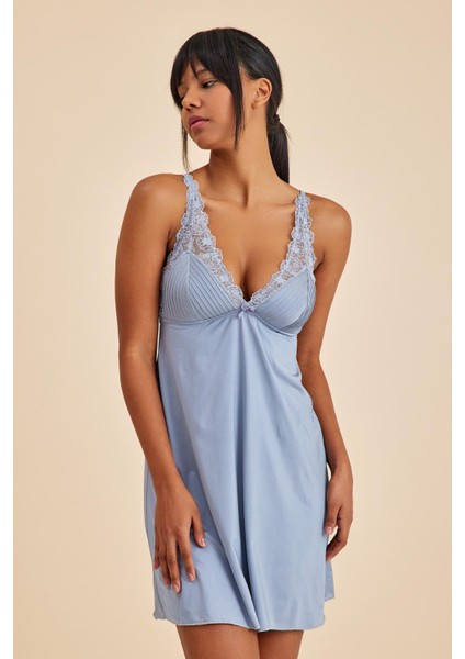 Paris Gri Mavi V Yaka Dantel Detaylı Gecelik