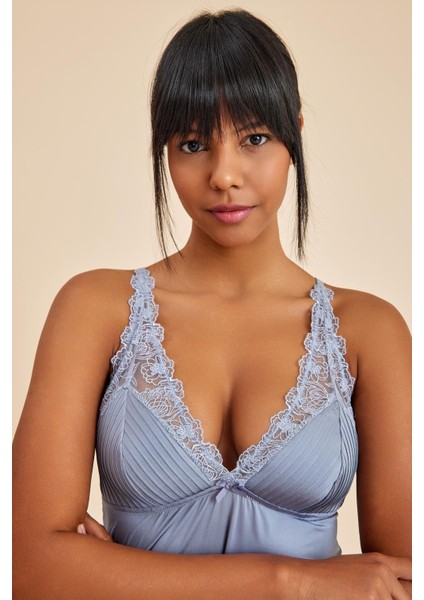 Paris Gri Mavi V Yaka Dantel Detaylı Gecelik modelleri