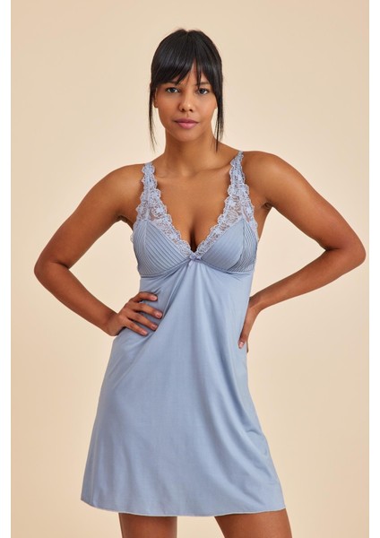 Paris Gri Mavi V Yaka Dantel Detaylı Gecelik fırsatları