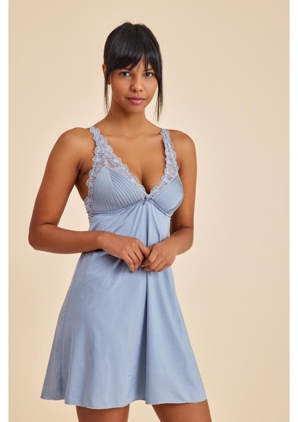 Paris Gri Mavi V Yaka Dantel Detaylı Gecelik indirimleri