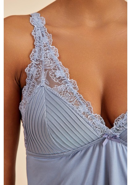 Paris Gri Mavi V Yaka Dantel Detaylı Gecelik