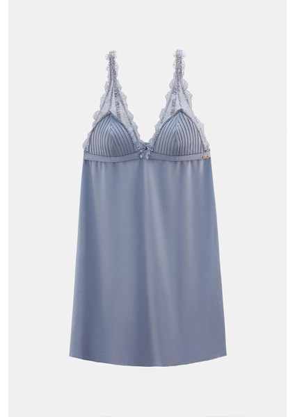 Paris Gri Mavi V Yaka Dantel Detaylı Gecelik