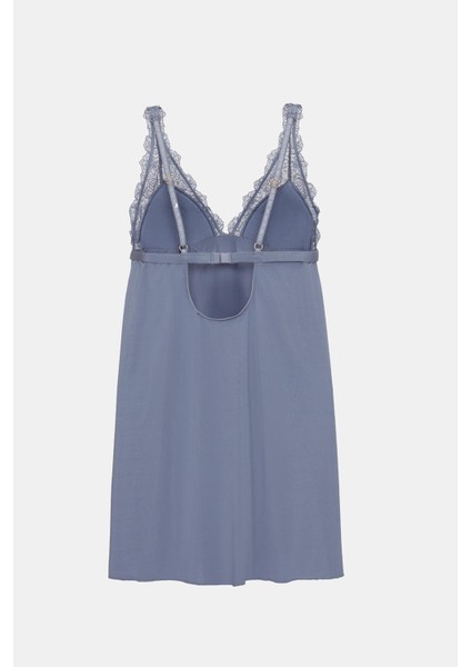 Paris Gri Mavi V Yaka Dantel Detaylı Gecelik