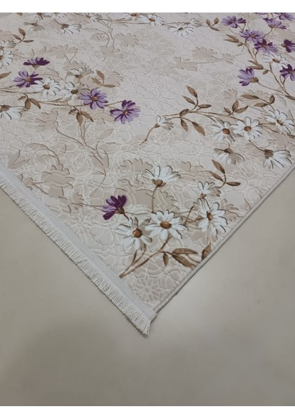 Elit Saçaklı Lial Kahve Çiçekli Kabartmalı Kaymaz Taban Yıkanabilir Kesme Yolluk Halı