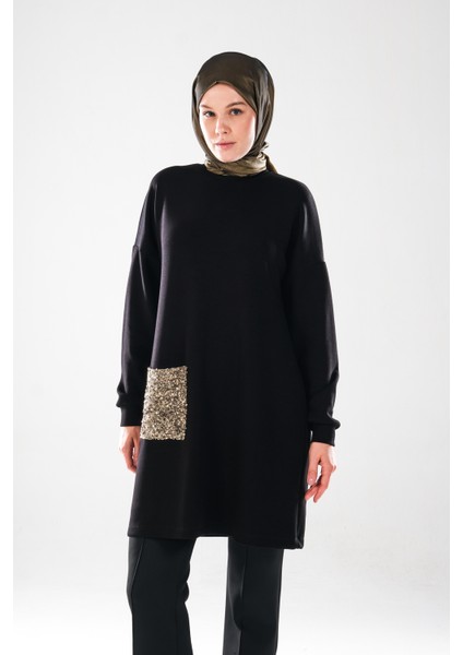 2288_KADIN Altın Payet Cepli Siyah Tesettür Tunik - Bisiklet Yaka, Uzun Kollu, Şık Günlük / Abiye