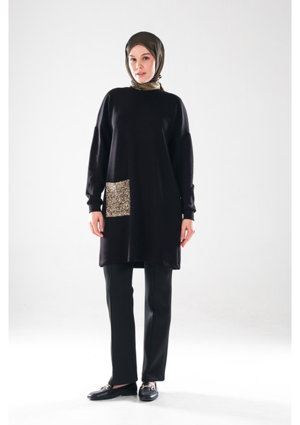 2288_KADIN Altın Payet Cepli Siyah Tesettür Tunik - Bisiklet Yaka, Uzun Kollu, Şık Günlük / Abiye fiyatları