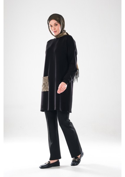 2288_KADIN Altın Payet Cepli Siyah Tesettür Tunik - Bisiklet Yaka, Uzun Kollu, Şık Günlük / Abiye modelleri