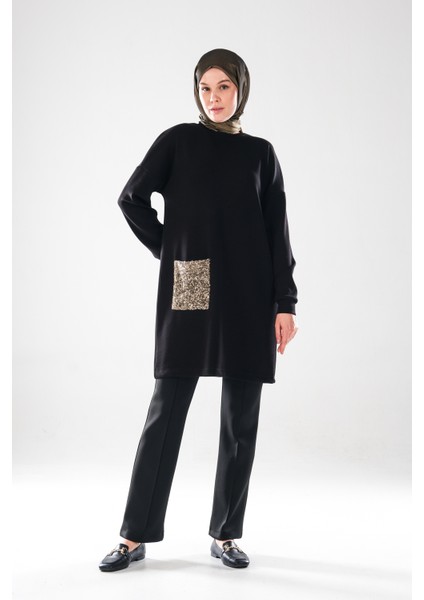 2288_KADIN Altın Payet Cepli Siyah Tesettür Tunik - Bisiklet Yaka, Uzun Kollu, Şık Günlük / Abiye fırsatları