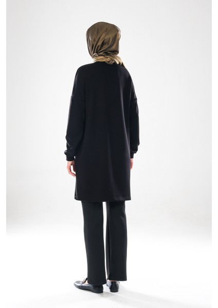 2288_KADIN Altın Payet Cepli Siyah Tesettür Tunik - Bisiklet Yaka, Uzun Kollu, Şık Günlük / Abiye indirimleri