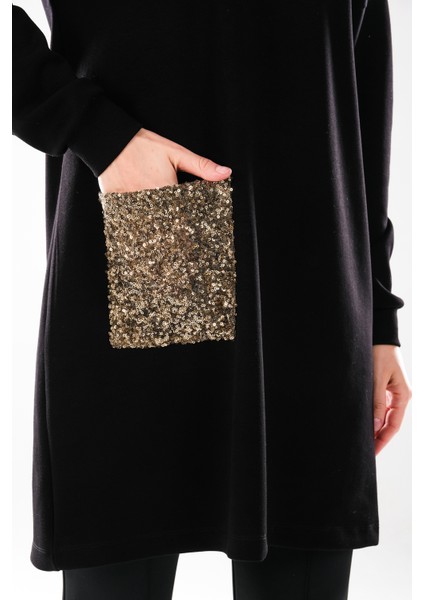 2288_KADIN Altın Payet Cepli Siyah Tesettür Tunik - Bisiklet Yaka, Uzun Kollu, Şık Günlük / Abiye