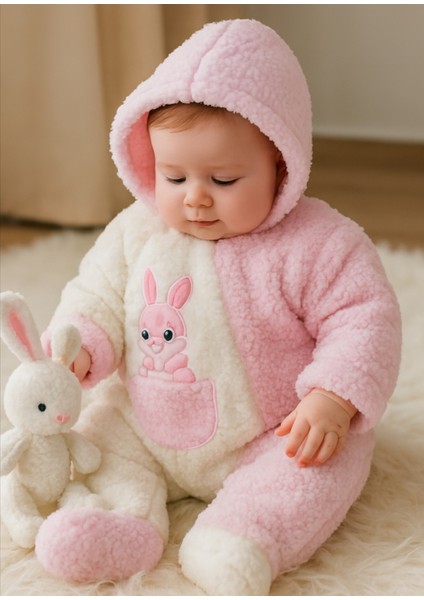 Peluş Şapkalı Uzun Kollu Fermuarlı Kız Bebek Tulum & 0-6 Ay