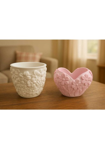 2'li El Yapımı Çiçek Tasarımlı Saksılık - Handmade Taş Tozu Sukulent Mumluk Dekoratif Biblo 8 cm