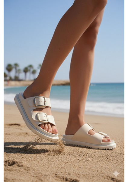 ZRKX-1 Bej Plaj Yazlık Günlük Kadın Terlik