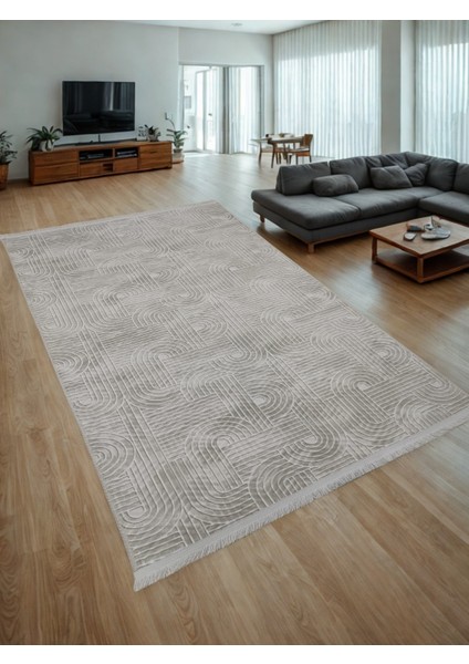 Smart Diamond Krem Saçaklı Kabartmalı Yıkanabilir Kaymaz Taban Kesme Yolluk Halı