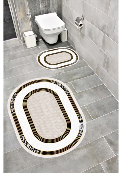Su Emici Yumuşak Kaymaz Sünger Dolgulu Yıkanabilir Dekoratif Banyo Paspası Takımı 1187VİZON Oval