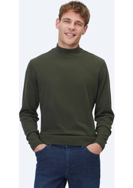 Haki Yarım Balıkçı Yaka Jakarlı Yün Karışımlı Triko Kazak