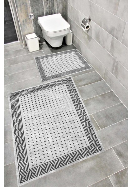 Kaymaz Tabanlı Suya Dayanıklı Dijital Baskılı Banyo Paspası Takımı | Bordo Halı 1571