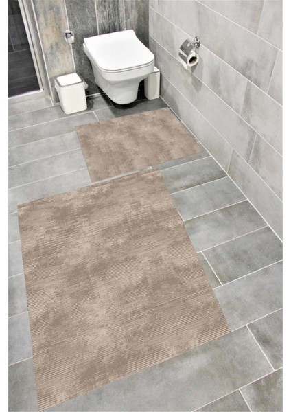 Kaymaz Tabanlı Suya Dayanıklı Dijital Baskılı Banyo Paspası Takımı | Bordo Halı 1657