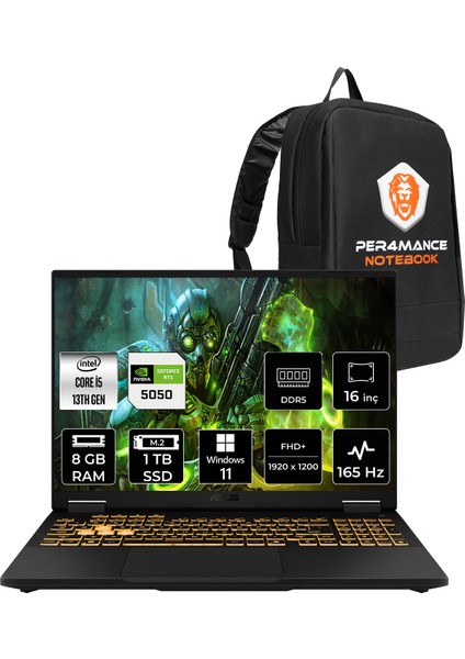 Tuf Gaming F16 Intel Core I5 13450HX 8gb 1tb SSD RTX5050/8GB 115W 16" Fhd+ 165Hz Windows 11 HomeTaşınabilir Bilgisayar & Per4 Çanta FX608JHRV010P343
